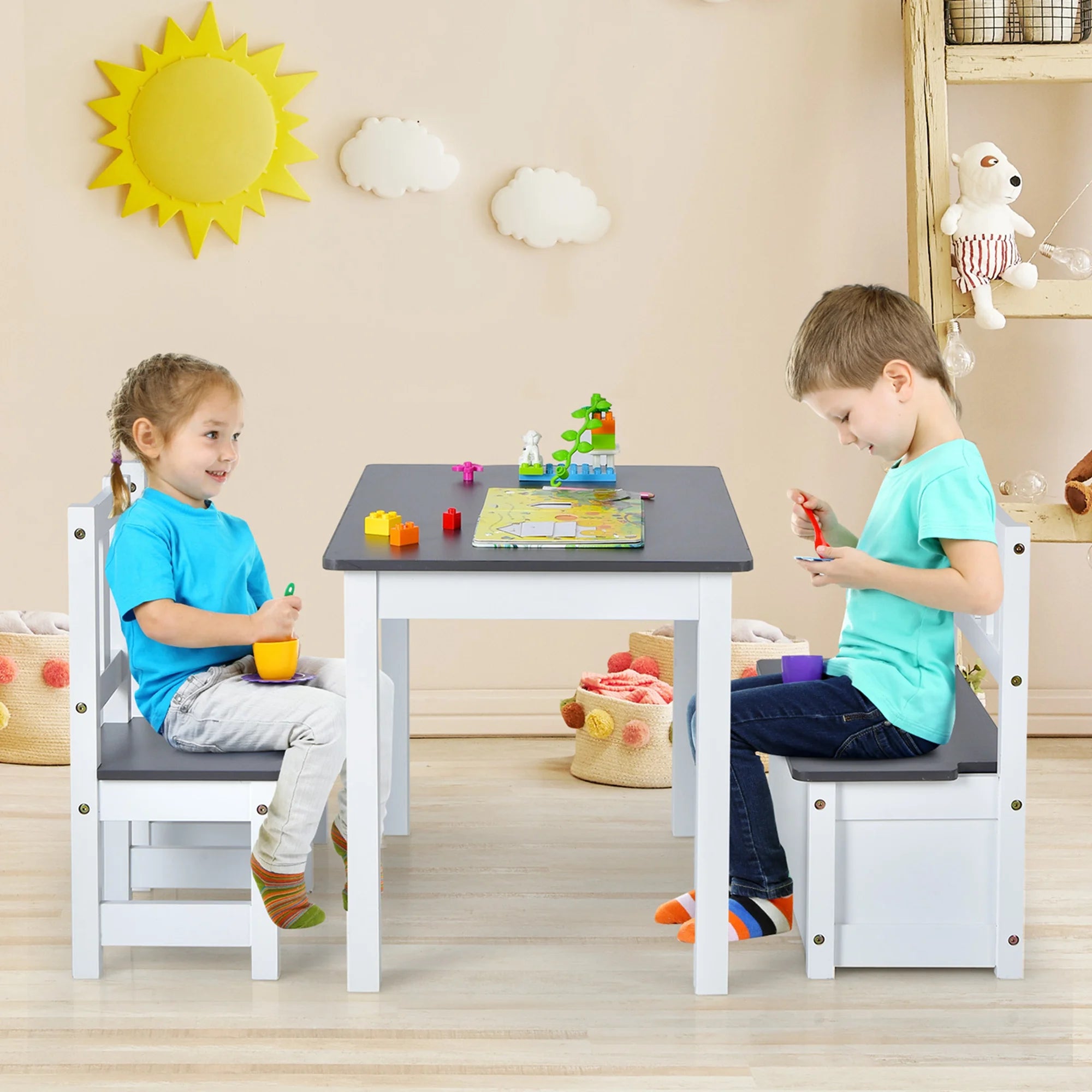 4 PCS Kids Wooden Activity Table & Chairs Set